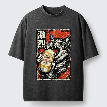 Tokyo-Tiger Cat Drinking Beer Washed T-Shirt