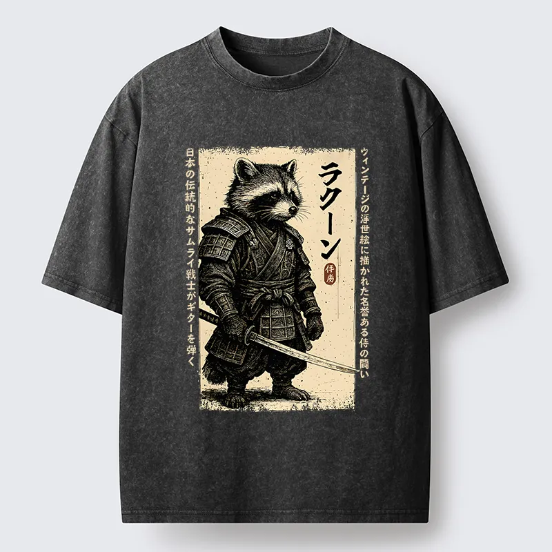 Tokyo-Tiger Raccoon Japanese Samurai Washed T-Shirt Sale