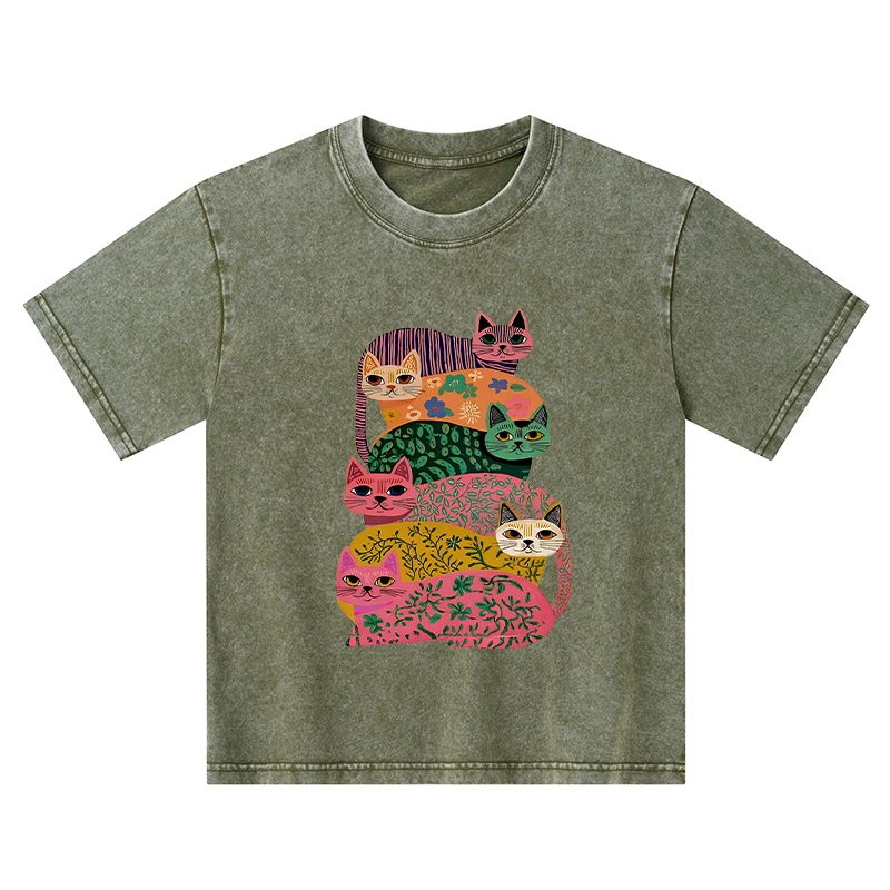 Tokyo-Tiger Colorful Cats Kids Washed T-Shirt