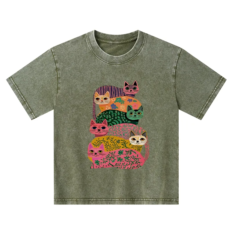 Tokyo-Tiger Colorful Cats Kids Washed T-Shirt