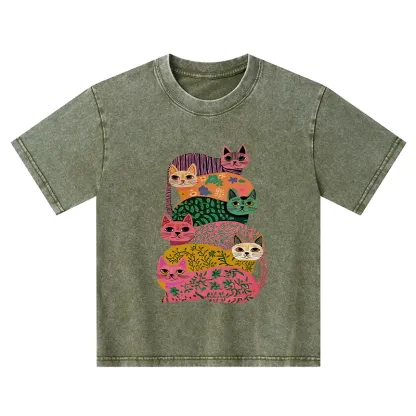 Tokyo-Tiger Colorful Cats Kids Washed T-Shirt