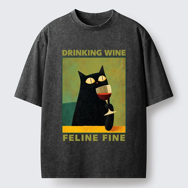 Tokyo-Tiger Drinking Wine Feline Wine Washed T-Shirt