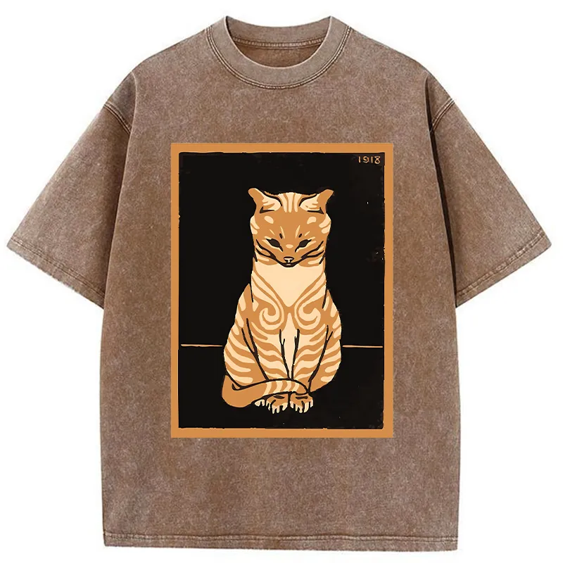 Tokyo-Tiger Cat Sitting And Meditating Washed T-Shirt