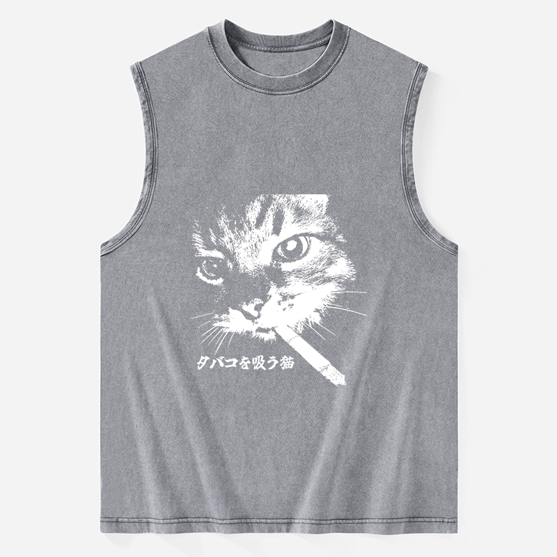 Tokyo-Tiger Retro Cat Smoking Washed Tank