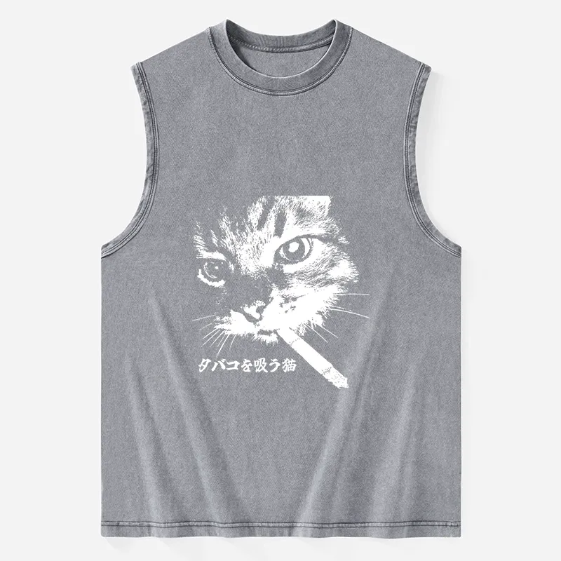 Tokyo-Tiger Retro Cat Smoking Washed Tank Sale