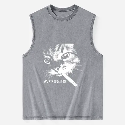 Tokyo-Tiger Retro Cat Smoking Washed Tank