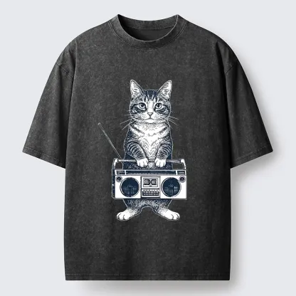 Tokyo-Tiger Cat Carried The Radio Washed T-Shirt