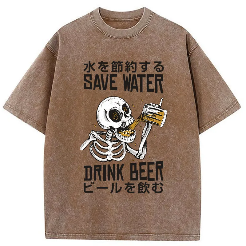 Tokyo-Tiger Save Water Drink Beer Washed T-Shirt
