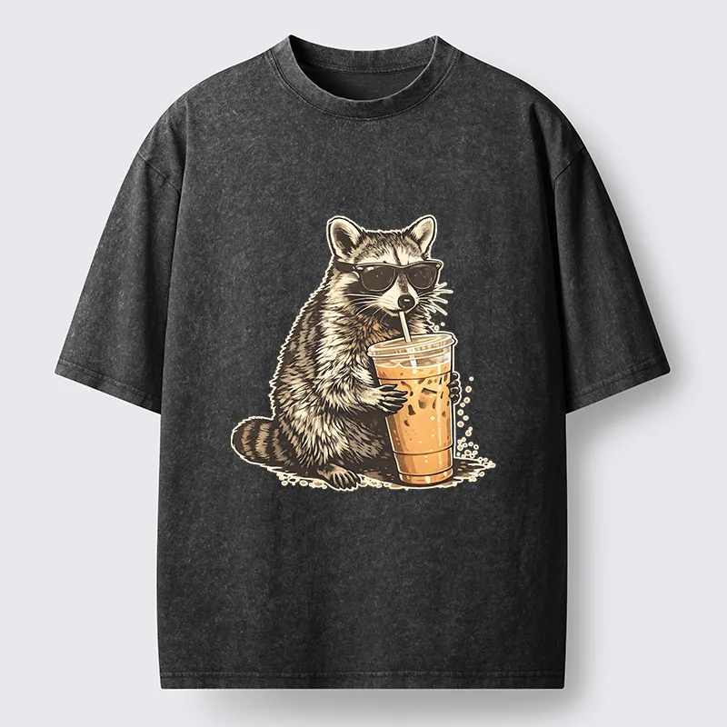 Tokyo-Tiger Raccoon Drinking Coffee FunnyWashed T-Shirt