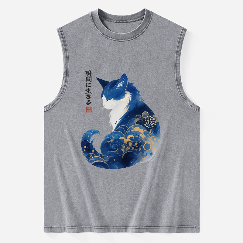 Tokyo-Tiger Retro Zen Cat: Living the Present Washed Tank