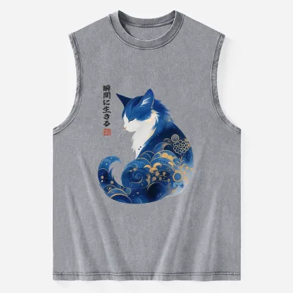 Tokyo-Tiger Retro Zen Cat: Living the Present Washed Tank