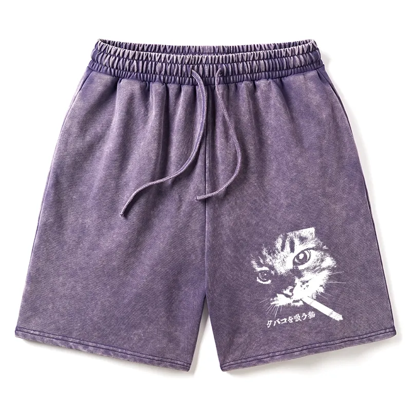 Tokyo-Tiger Retro Cat Smoking Washed Shorts