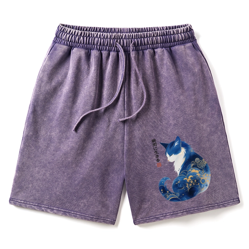 Tokyo-Tiger Retro Zen Cat: Living the Present Washed Shorts