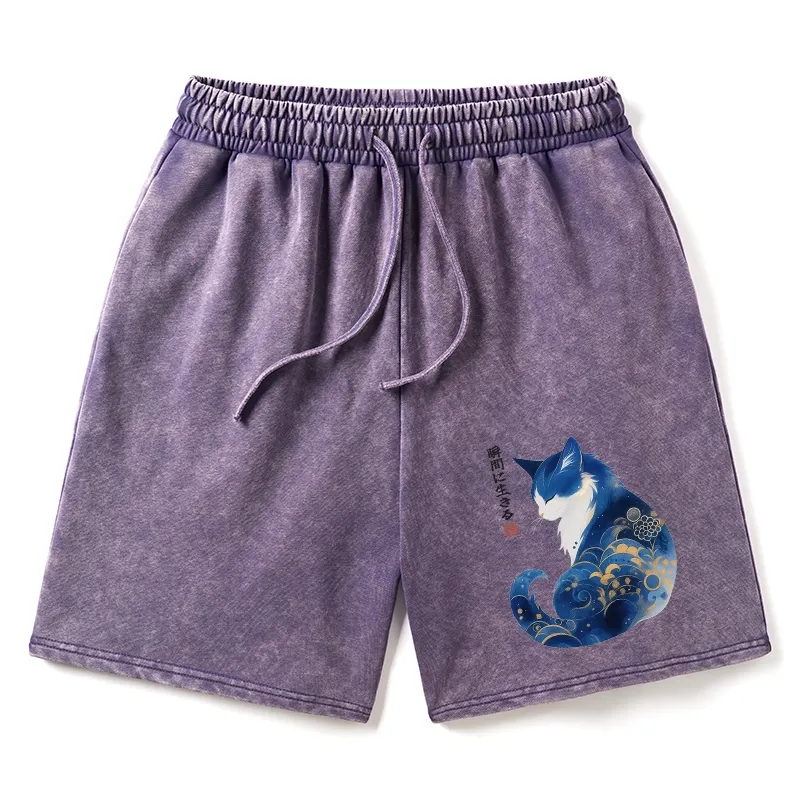 Tokyo-Tiger Retro Zen Cat: Living the Present Washed Shorts