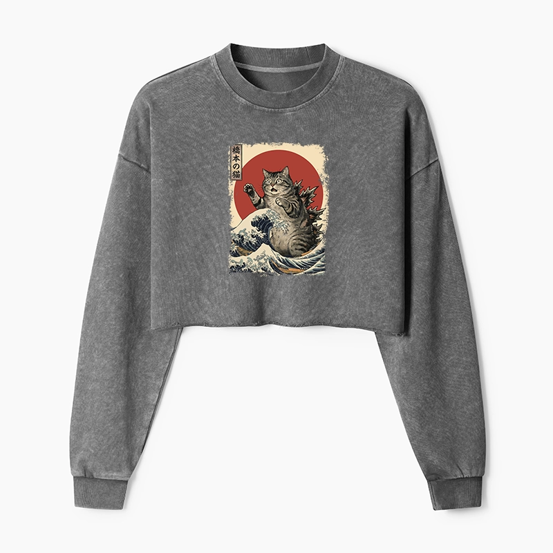 Tokyo-Tiger Catzilla Is Causing Destruction Washed Crop Sweatshirt