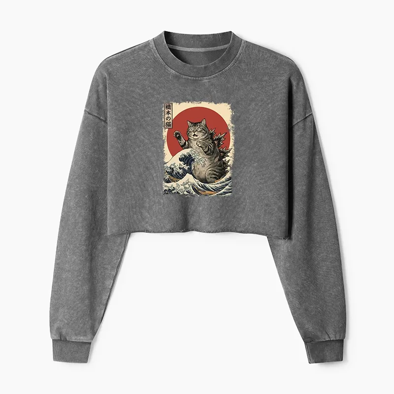 Tokyo-Tiger Catzilla Is Causing Destruction Washed Crop Sweatshirt