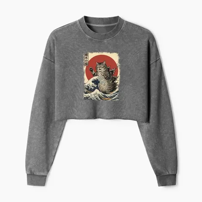 Tokyo-Tiger Catzilla Is Causing Destruction Washed Crop Sweatshirt