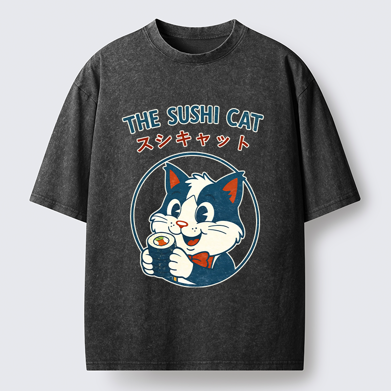 Tokyo-Tiger Cat Sushi Funny Washed T-Shirt