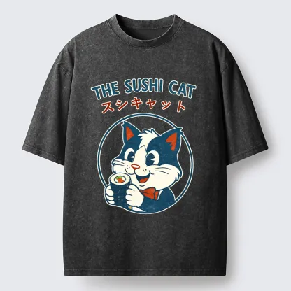 Tokyo-Tiger Cat Sushi Funny Washed T-Shirt