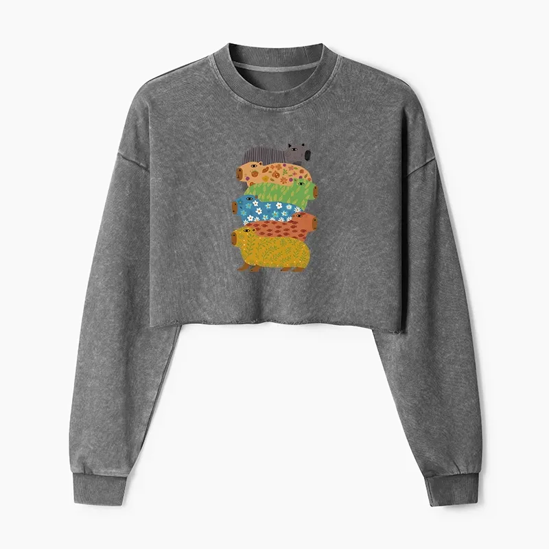 Tokyo-Tiger Colorful Capybaras Washed Crop Sweatshirt