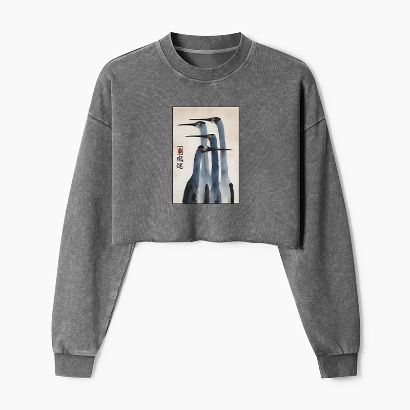 Tokyo-Tiger Retro Sandhill Crane Washed Crop Sweatshirt