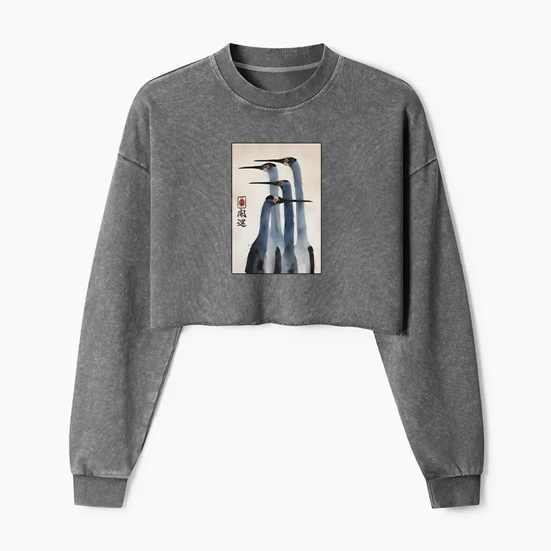 Tokyo-Tiger Retro Sandhill Crane Washed Crop Sweatshirt
