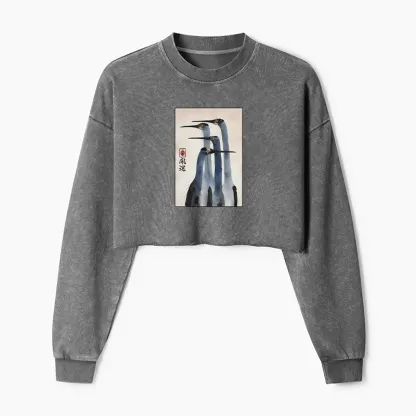 Tokyo-Tiger Retro Sandhill Crane Washed Crop Sweatshirt