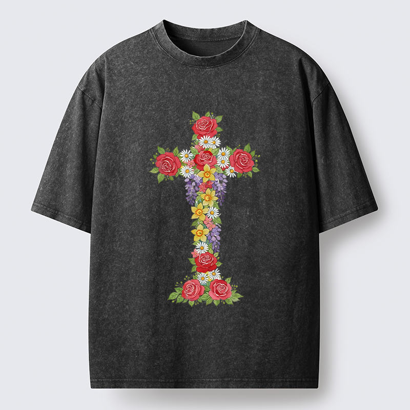 Tokyo-Tiger Flower Cross Washed T-Shirt