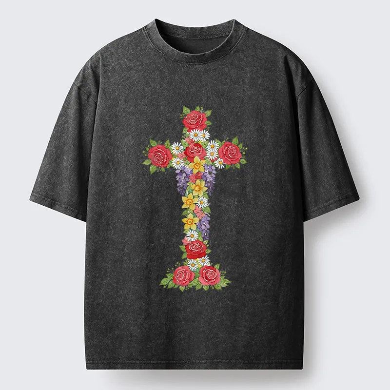 Tokyo-Tiger Flower Cross Washed T-Shirt