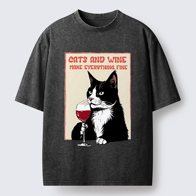Tokyo-Tiger Tuxedo Cat Drinking Funny Washed T-Shirt