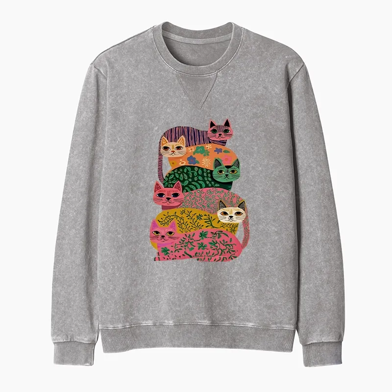 Tokyo-Tiger Colorful Cats Washed Terry Sweatshirt