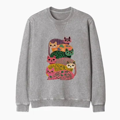 Tokyo-Tiger Colorful Cats Washed Terry Sweatshirt