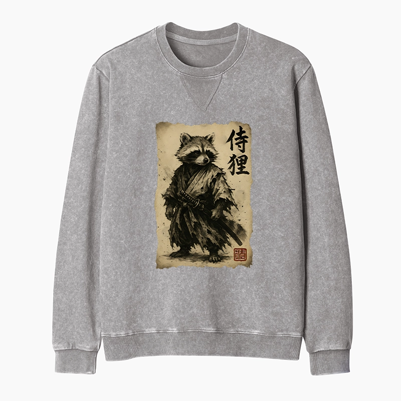Tokyo-Tiger Retro Raccoon Samurai Washed Terry Sweatshirt