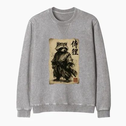 Tokyo-Tiger Retro Raccoon Samurai Washed Terry Sweatshirt
