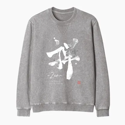 Tokyo-Tiger Zen Texts Washed Terry Sweatshirt
