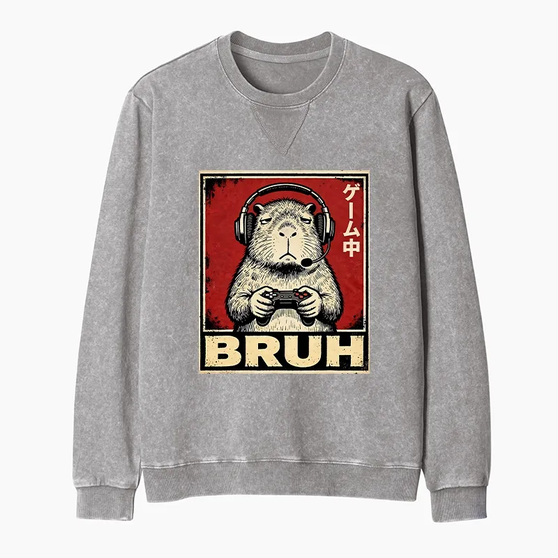 Tokyo-Tiger Funny Capybara Playing Games Washed Terry Sweatshirt