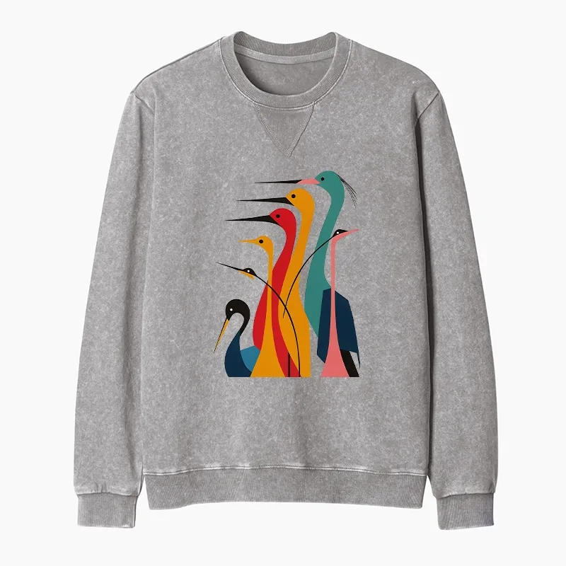 Tokyo-Tiger Various Types Of Cranes Washed Terry Sweatshirt