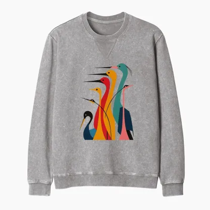 Tokyo-Tiger Various Types Of Cranes Washed Terry Sweatshirt