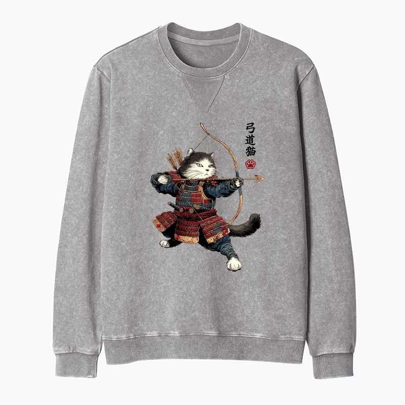 Tokyo-Tiger Kyudo Samurai Cat Washed Terry Sweatshirt