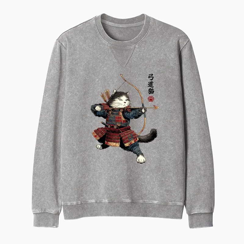 Tokyo-Tiger Kyudo Samurai Cat Washed Terry Sweatshirt