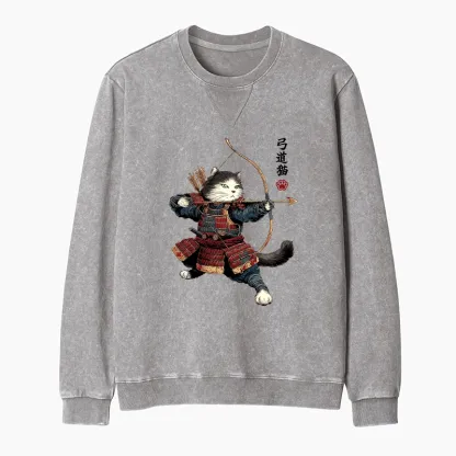 Tokyo-Tiger Kyudo Samurai Cat Washed Terry Sweatshirt
