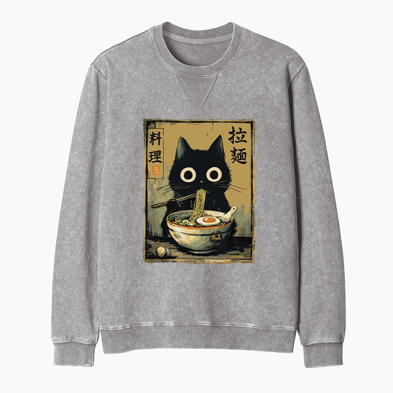Tokyo-Tiger Cute Black Cat Eating Ramen Japan Washed Terry Sweatshirt