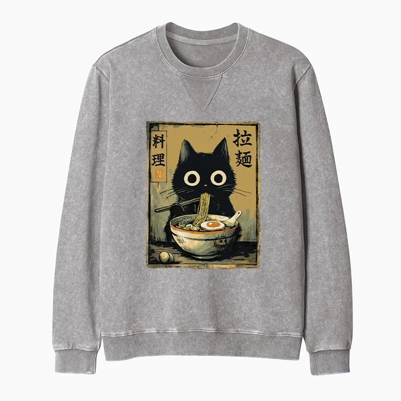 Tokyo-Tiger Cute Black Cat Eating Ramen Japan Washed Terry Sweatshirt