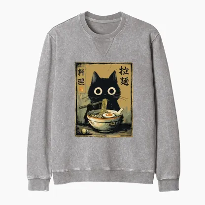 Tokyo-Tiger Cute Black Cat Eating Ramen Japan Washed Terry Sweatshirt