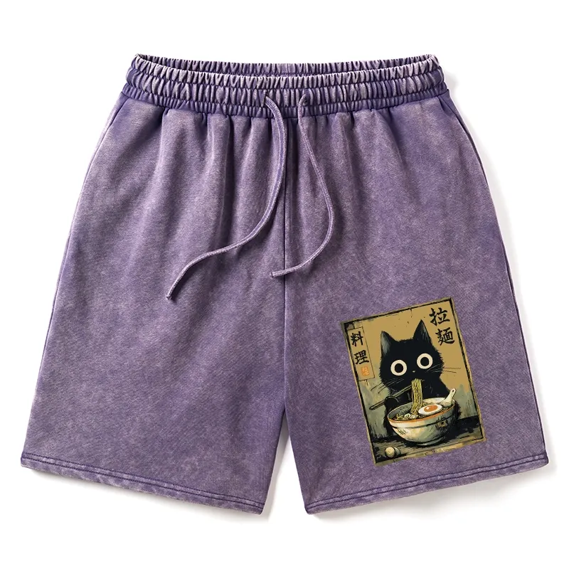 Tokyo-Tiger Cute Black Cat Eating Ramen Japan Washed Shorts