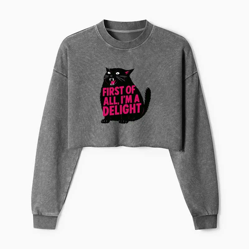 Tokyo-Tiger Roaring Black Cat Washed Crop Sweatshirt