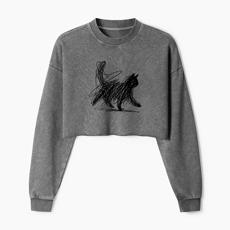 Tokyo-Tiger Minimalist Cat Art Washed Crop Sweatshirt