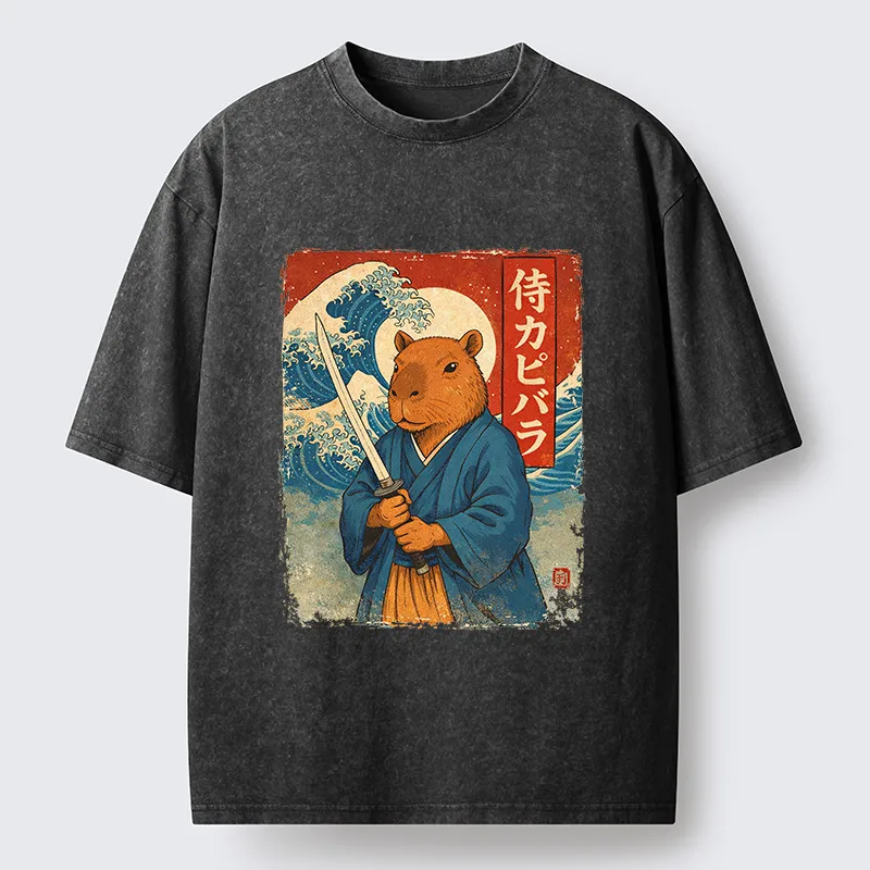 Tokyo-Tiger Capybara Japanese Samurai And Wave Washed T-Shirt
