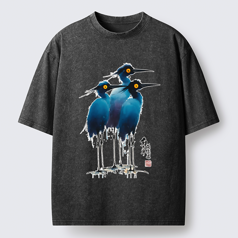 Tokyo-Tiger Great Blue Heron Ink Painting Washed T-Shirt
