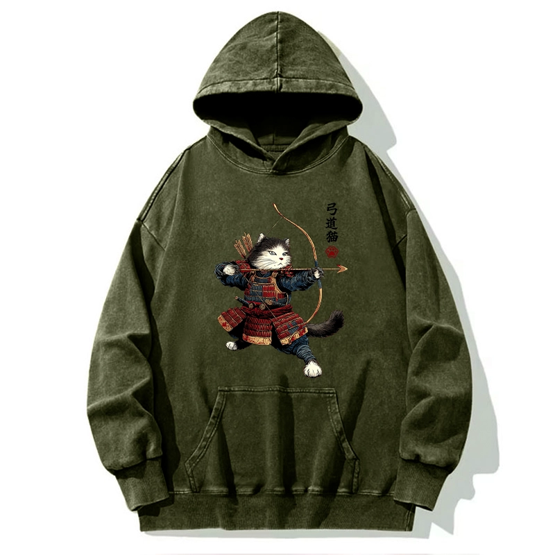 Tokyo-Tiger Kyudo Samurai Cat Washed Hoodie